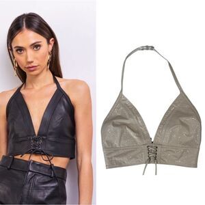 NWT Lisa Maree Cream Patent Leather Crocodile Embossed Halter Top Small